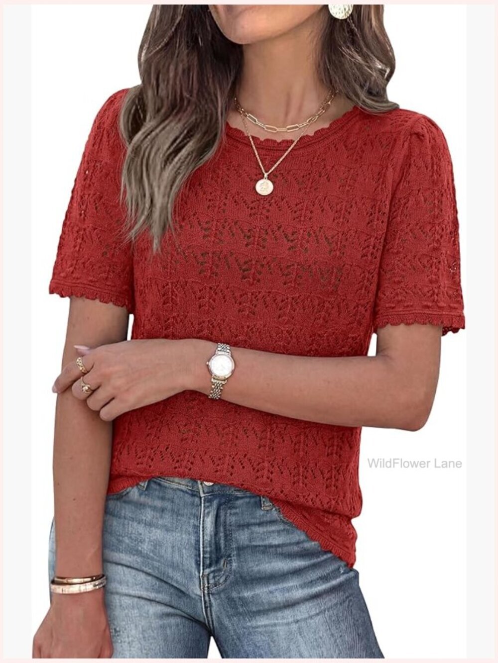 Womens Crochet Short Sleeve Sweater Top